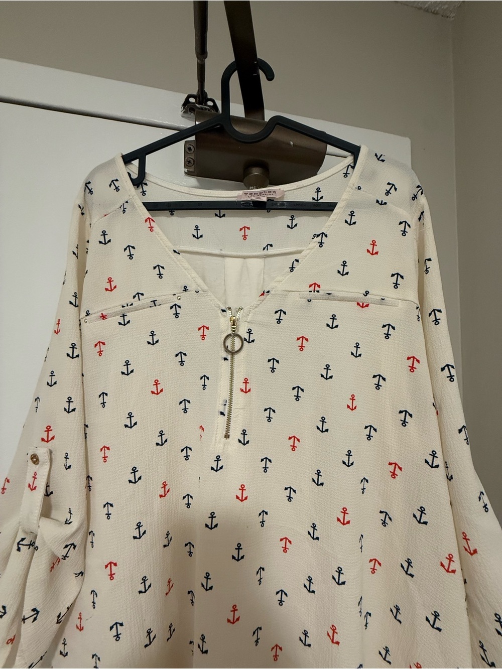 Tempted Cream Blouse with Navy & Red Anchor Print
